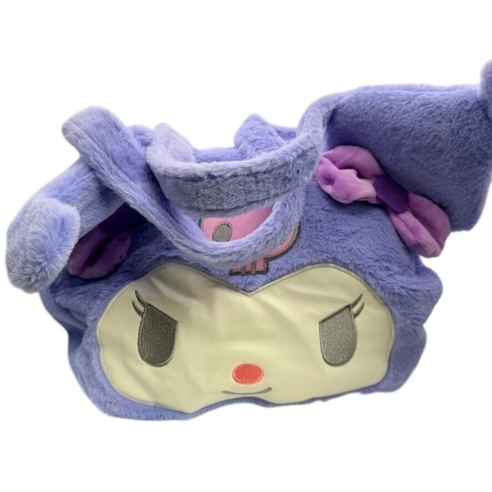 Sanrio Kids Kuromi Big Face Bag Purple Plush Faux Fur Tote Handbag Cosplay Goth